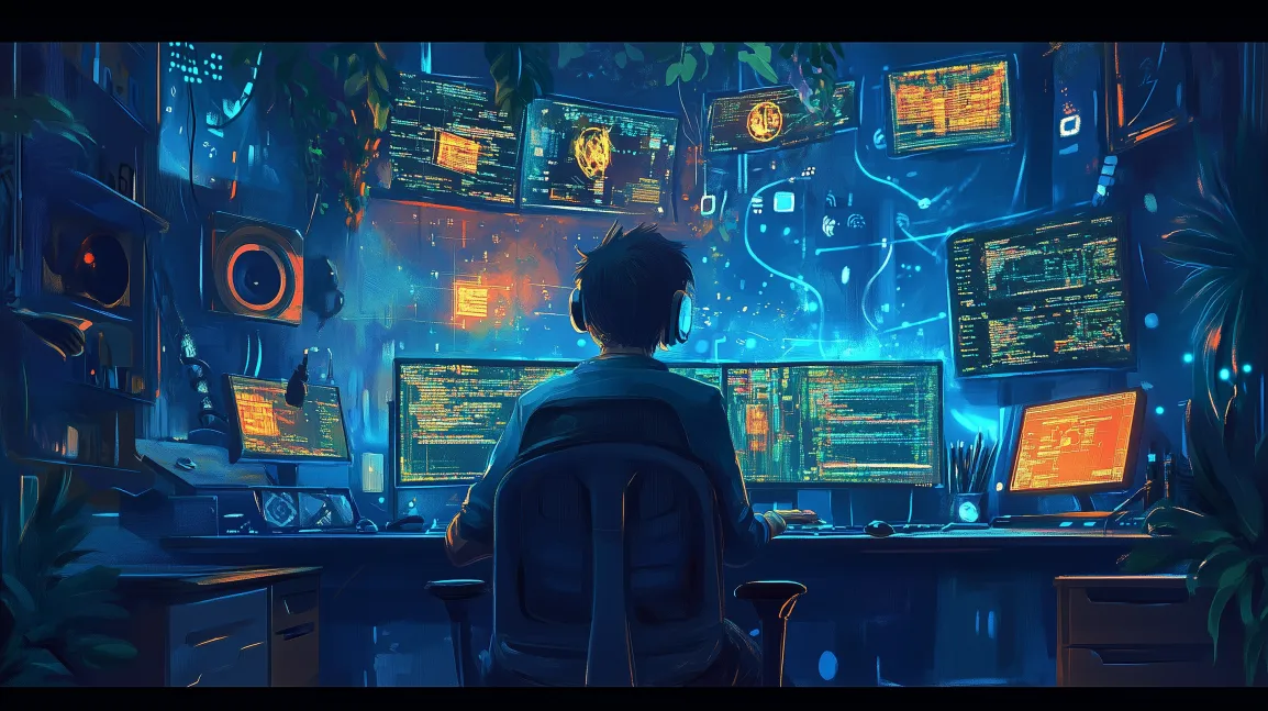 a programmer looking at many screens